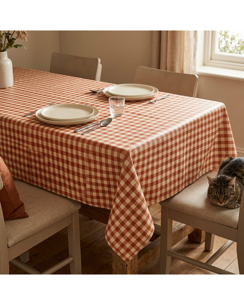 Covle Coated Cotton Square Tablecloth 140 cm Terracotta Check - Lifestyle view